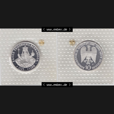 BRD Münze aus Deutschland 1990, 10 DM Gedenkmünze PP in Noppenfolie 10 Deutsche Mark Silber Kaiser Barbarossa - Vollansicht als Bildmaterial innerhalb vom online Katalog und online Datenbank... Sammlung