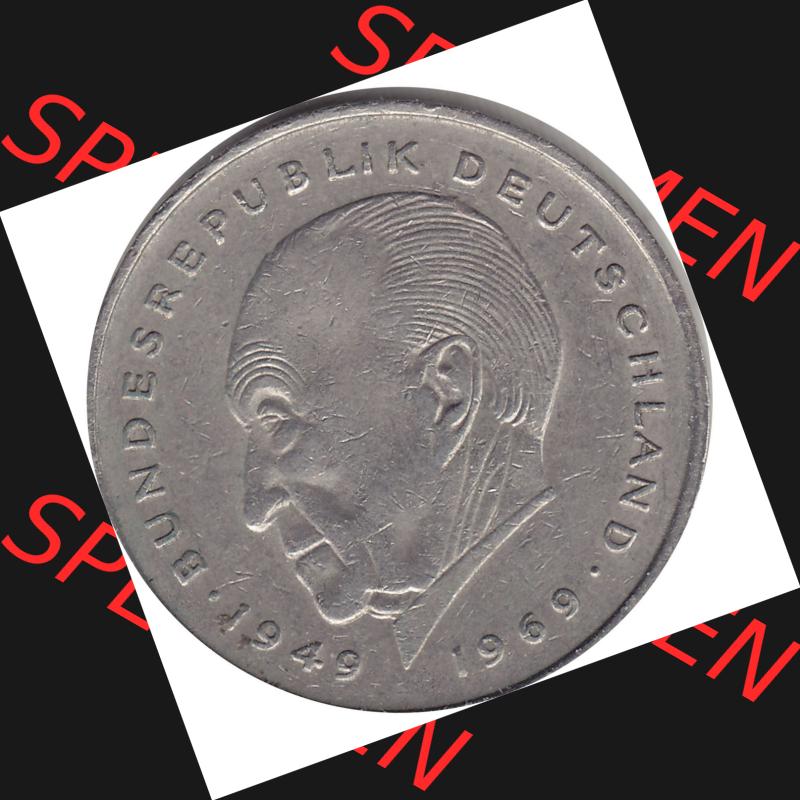 BRD Münzen 2 DM, Gedenkmünze 1969-1987, 2 DM, Deutsche Mark Münze mit Konrad Adenauer aus Deutschland 1978 F-1. Rückseite mit Wert-Zahl von 5 DM einer Deutschen... Sammlung
