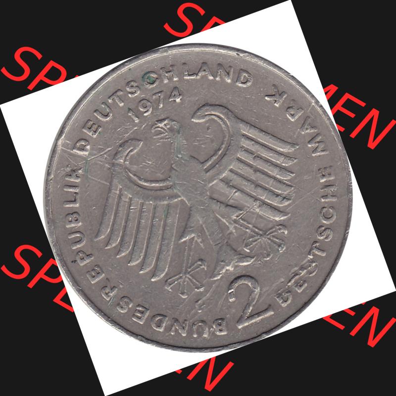 BRD Münzen 2 DM, Gedenkmünze 1969-1987, 2 DM, Deutsche Mark Münze mit Konrad Adenauer aus Deutschland 1974 F-1. Vorderseite einer Deutschen Münze der BRD,... Sammlung