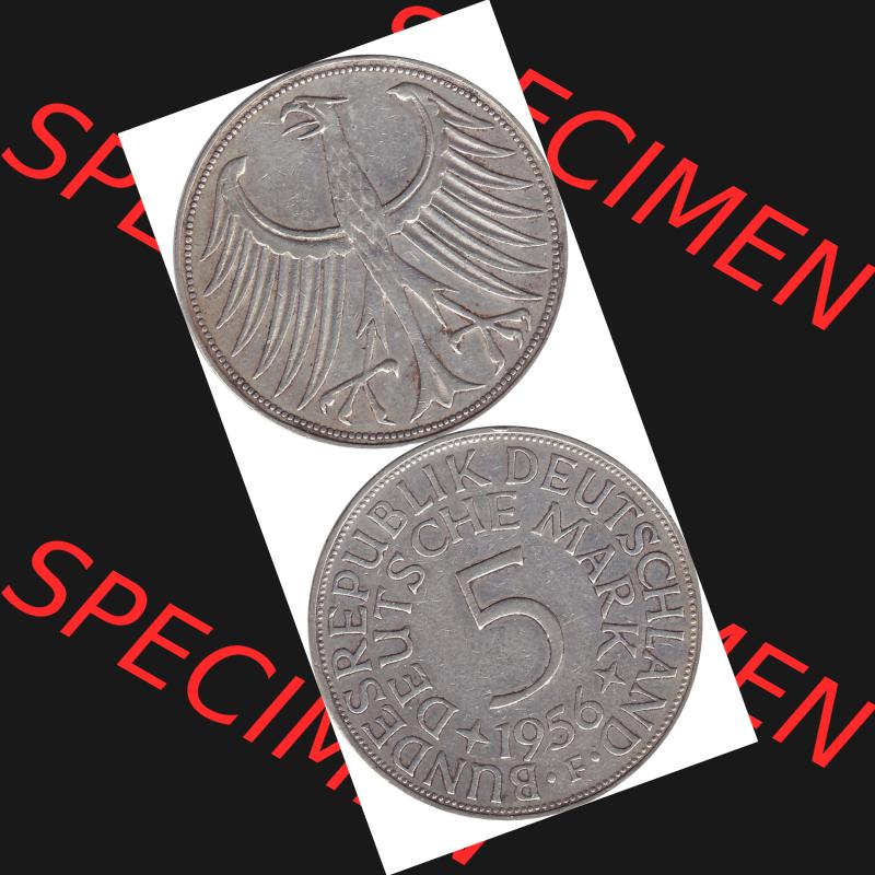 BRD Münzen Silbermünze 1951-1974, 5 DM aus Deutschland, 5 Deutsche Mark Silberadler, Heiermann 1956 Münzzeichen / Mzz. "F" für Stuttgart-1.... Sammlung
