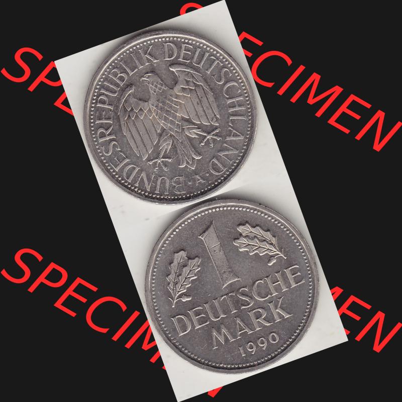 BRD Münzen 1 Deutsche Mark, Umlaufmünze 1990-2001, 1 Deutsche Mark 1990 A-2. Münzen-Rückseite und Münzen-Vorderseite vertikal untereinander als Vollansicht für... Sammlung