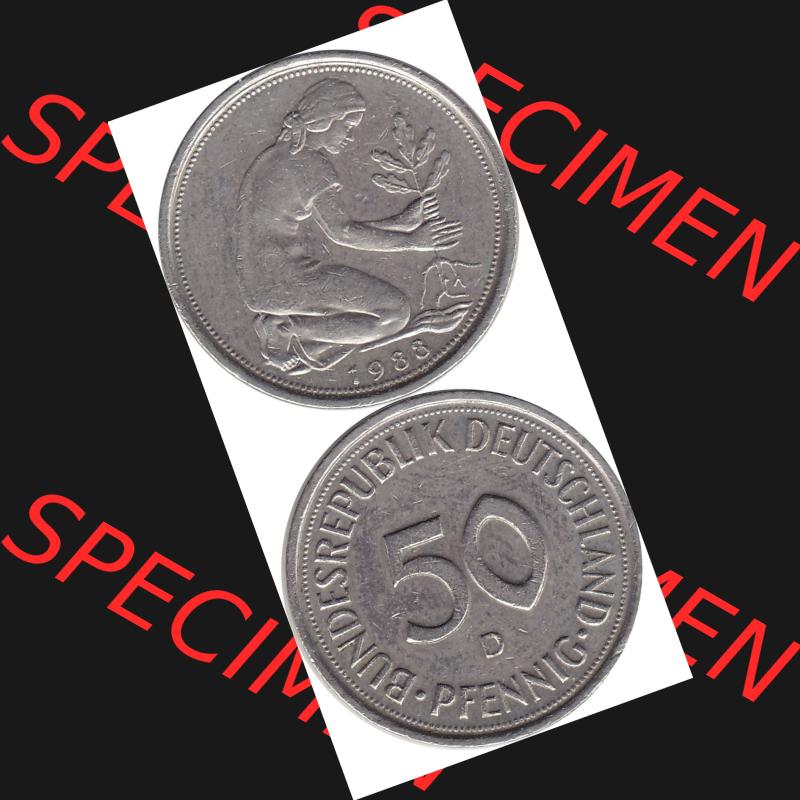 BRD Münzen 50 Pf. Umlaufmünze 1950-2001, 50 Pfennig BRD Deutschland 1988 München mit Mzz. D-1. Vorderseite und Rückseite mit Wert-Zahl eine 50 Pfennig Münze... Sammlung