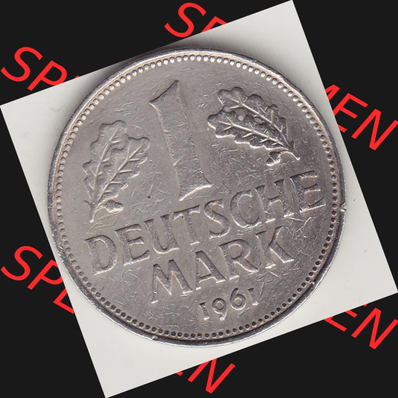 BRD Münzen 1 Deutsche Mark, Umlaufmünze 1950-2001, 1 DM Deutsche Mark, 1961 G-1. Münzen-Rückseite mit Nennwert / Nominalwert / Wert-Zahl einer 1 DM,... Sammlung