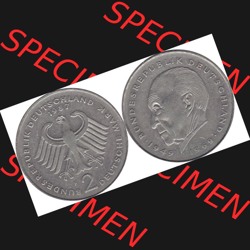 BRD Münzen 2 DM, Gedenkmünze 1969-1987, 2 DM, Deutsche Mark Münze mit Konrad Adenauer aus Deutschland 1987 F-1. Vorderseite und Rückseite mit Wert-Zahl einer... Sammlung