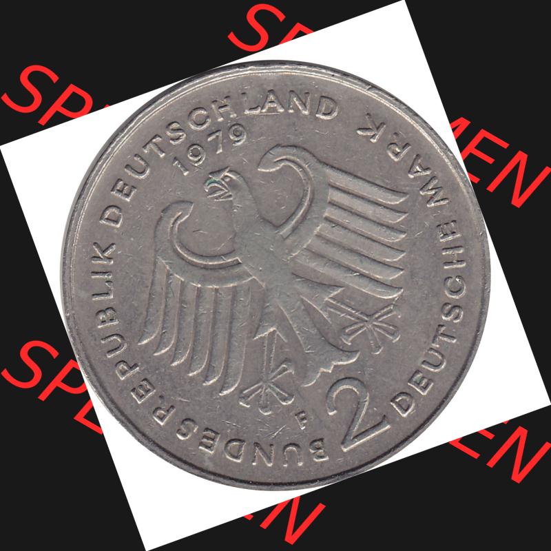 BRD Münzen 2 DM, Gedenkmünze 1969-1987, 2 DM, Deutsche Mark Münze mit Konrad Adenauer aus Deutschland 1979 F-1. Vorderseite einer Deutschen Münze der BRD,... Sammlung