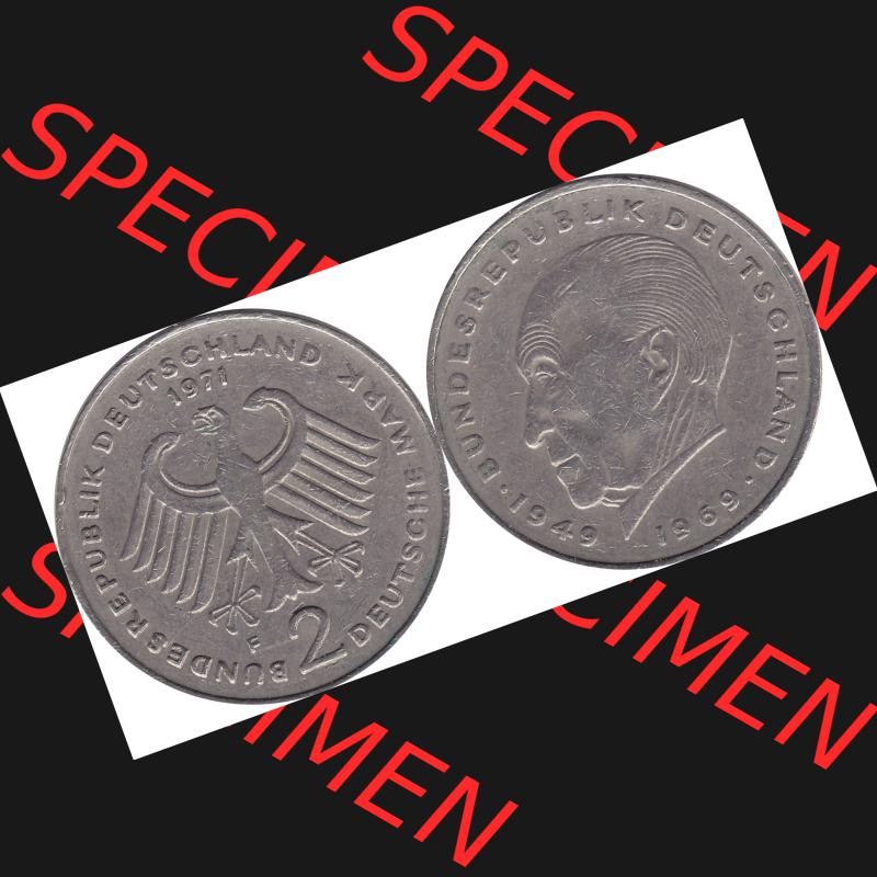 BRD Münzen 2 DM, Gedenkmünze 1969-1987, 2 DM, Deutsche Mark Münze mit Konrad Adenauer aus Deutschland 1971 F-1. Vorderseite und Rückseite mit Wert-Zahl einer... Sammlung