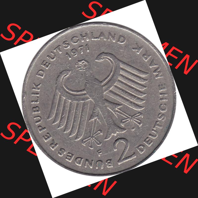 BRD Münzen 2 DM, Gedenkmünze 1969-1987, 2 DM, Deutsche Mark Münze mit Konrad Adenauer aus Deutschland 1971 F-1. Vorderseite einer Deutschen Münze der BRD,... Sammlung