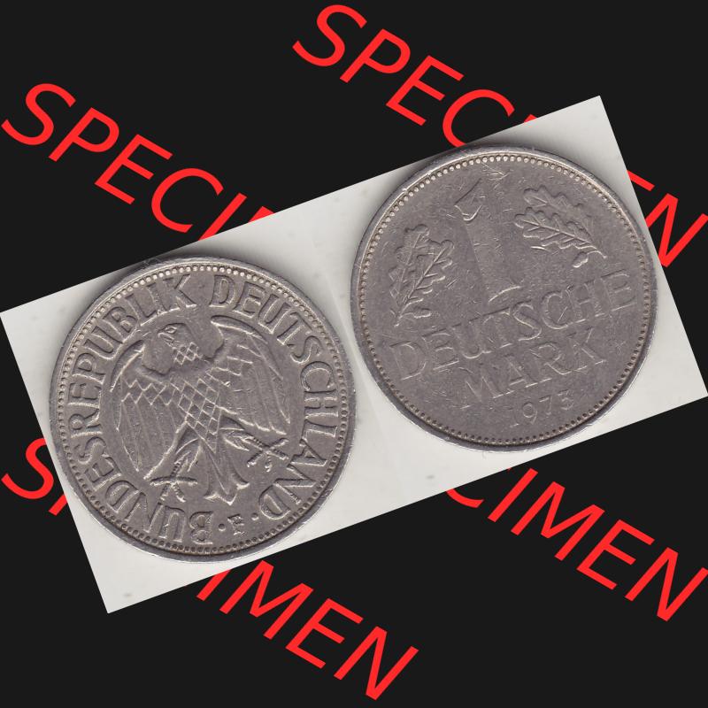 BRD Münzen 1 Deutsche Mark, Umlaufmünze 1950-2001, 1 DM Deutsche Mark, 1973 F-2. Münzen-Rückseite und Münzen-Vorderseite als Vollansicht einer 1 DM,... Sammlung