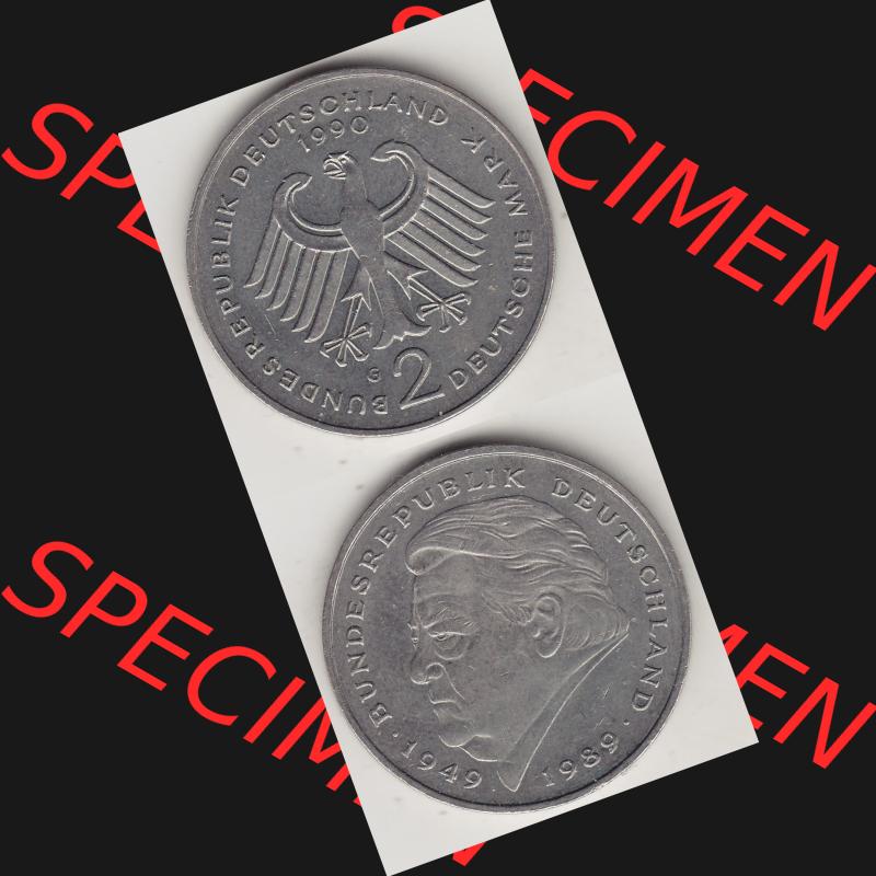 BRD Münzen 2 DM, Gedenkmünze 1990-2001, 2 DM, Deutsche Mark Franz Josef Strauß 1990 G-1. Vorderseite und Rückseite einer Münze auf einen Bild / Foto,... Sammlung