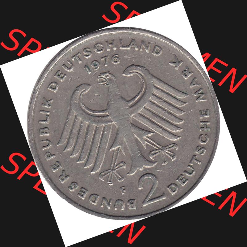 BRD Münzen 2 DM, Gedenkmünze 1969-1987, 2 DM, Deutsche Mark Münze mit Konrad Adenauer aus Deutschland 1976 F-1. Vorderseite einer Deutschen Münze der BRD,... Sammlung