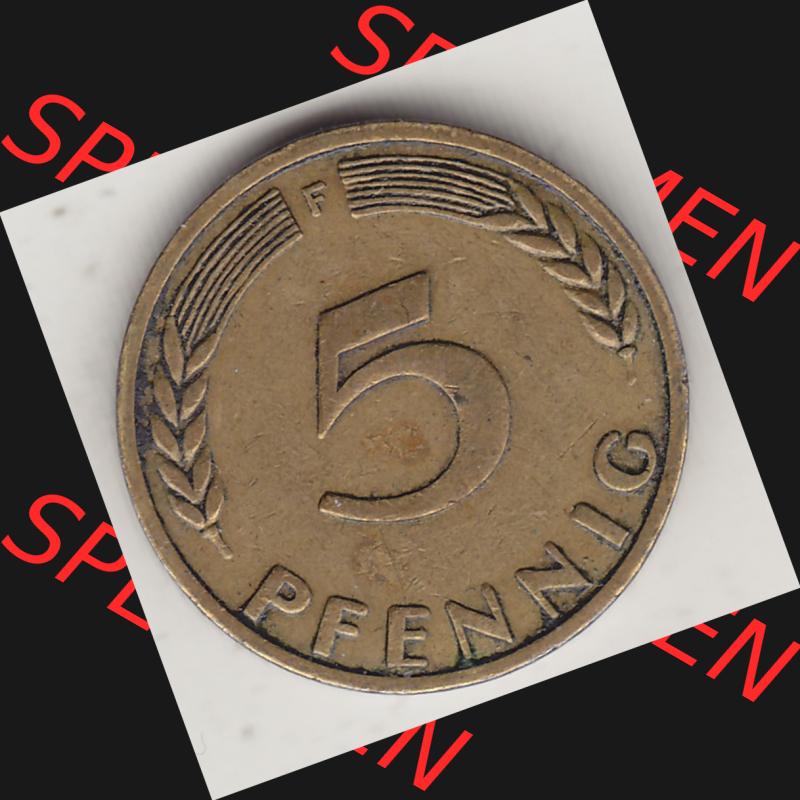 BRD Münzen 5 Pf., Umlaufmünze 1949-1949, 5 Pfennig, 1949 F-1. Rückseite einer 5 Pfennig F, Mzz. F für Stuttgart - Münze aus Deutschland... Sammlung