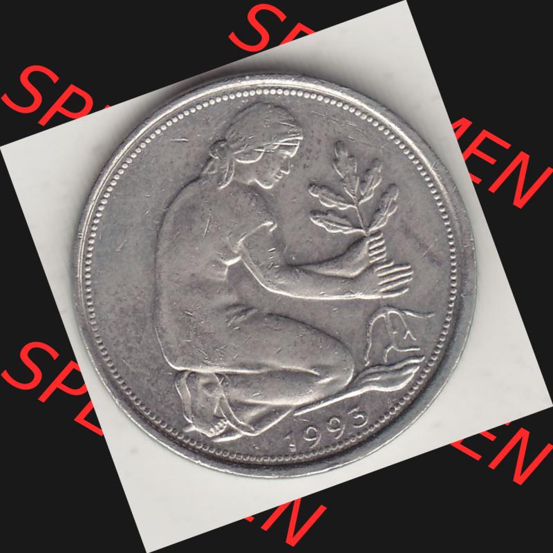 BRD Münzen 50 Pf. Umlaufmünze 1950-2001, 50 Pfennig Münze aus Deutschland 1993 D-1. Vorderseite der digitalisierte 50 Pfennig D, mit Mzz. D für München... Sammlung