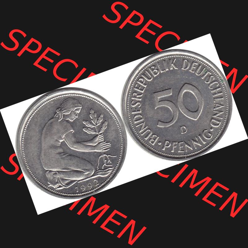 BRD Münzen 50 Pf. Umlaufmünze 1950-2001, 50 Pfennig BRD Deutschland 1992 München mit Mzz. D-1. Vorderseite und Rückseite mit Wert-Zahl einer 50 Pfennig Münze... Sammlung