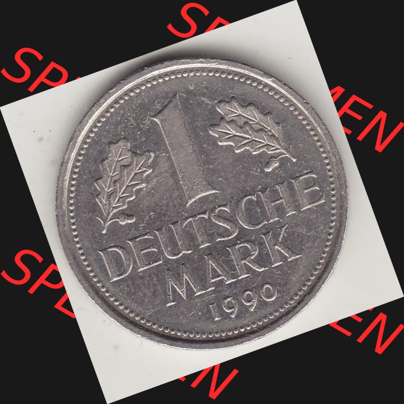 BRD Münzen 1 Deutsche Mark, Umlaufmünze 1950-2001, 1 DM Deutsche Mark, 1990 J-1. Münzen-Rückseite mit Nennwert / Nominalwert / Wert-Zahl einer 1 DM,... Sammlung