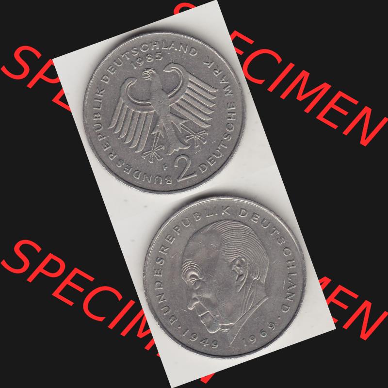 BRD Münzen 2 DM, Gedenkmünze 1969-1987, 2 DM, Deutsche Mark Konrad Adenauer 1985 F-1. Vorderseite und Rückseite einer Münze auf einen Bild / Foto,... Sammlung