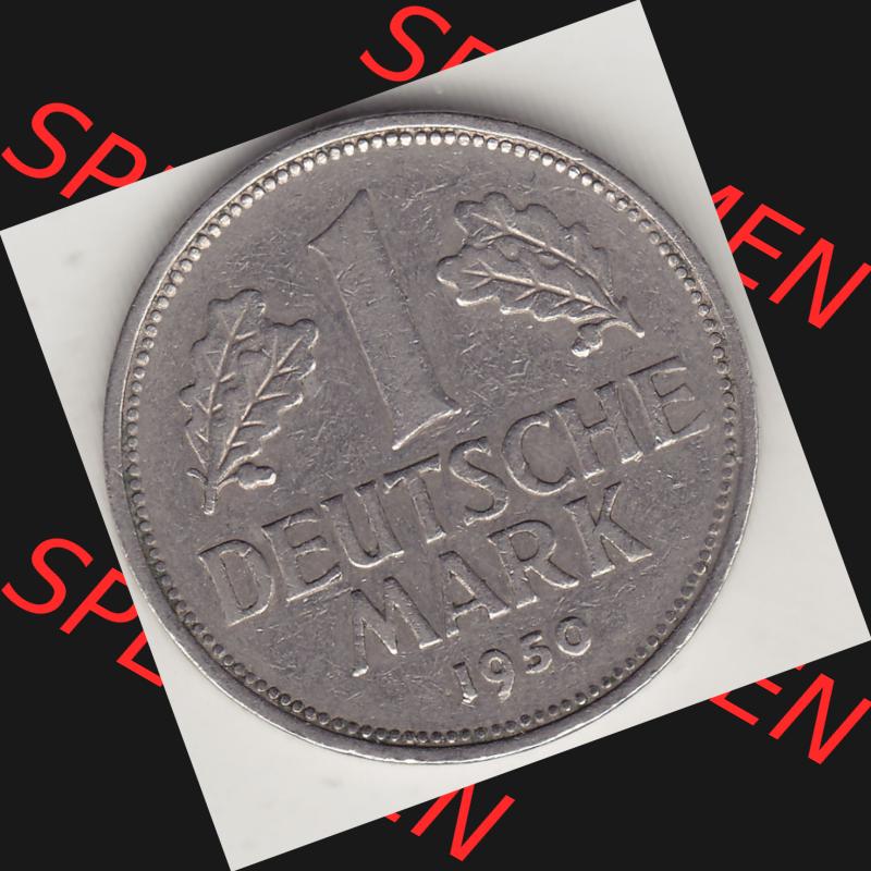 BRD Münzen 1 Deutsche Mark, Umlaufmünze 1950-2001, 1 DM Deutsche Mark, 1950 D-7. Münzen-Rückseite mit Nennwert / Nominalwert / Wert-Zahl einer 1 DM,... Sammlung