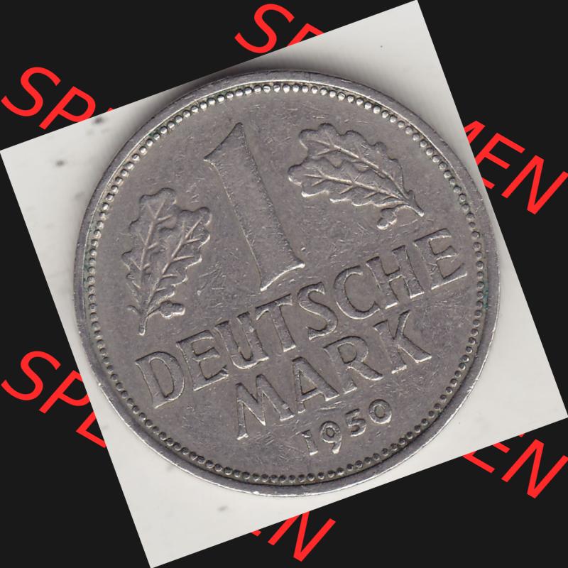 BRD Münzen 1 Deutsche Mark, Umlaufmünze 1950-2001, 1 DM Deutsche Mark, 1950 D-1. Münzen-Rückseite mit Nennwert / Nominalwert / Wert-Zahl einer 1 DM,... Sammlung