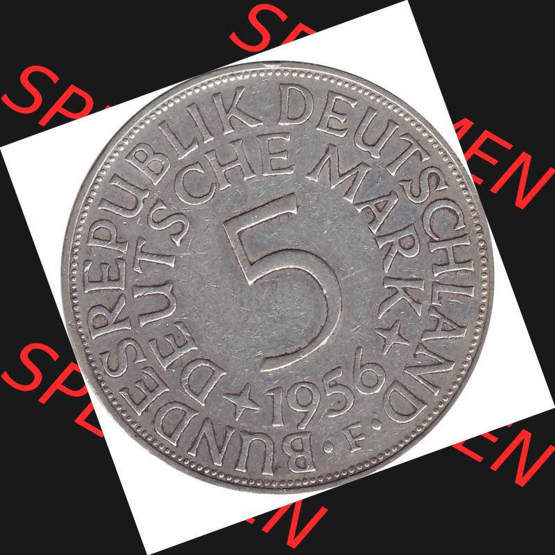 BRD Münzen Silbermünze 1951-1974, 5 DM aus Deutschland, 5 Deutsche Mark Silberadler, Heiermann 1956 Münzzeichen / Mzz. "F" für Stuttgart-1.... Sammlung