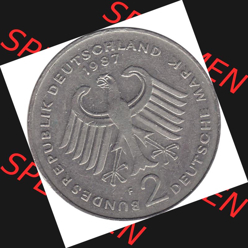 BRD Münzen 2 DM, Gedenkmünze 1969-1987, 2 DM, Deutsche Mark Münze mit Konrad Adenauer aus Deutschland 1987 F-1. Vorderseite einer Deutschen Münze der BRD,... Sammlung