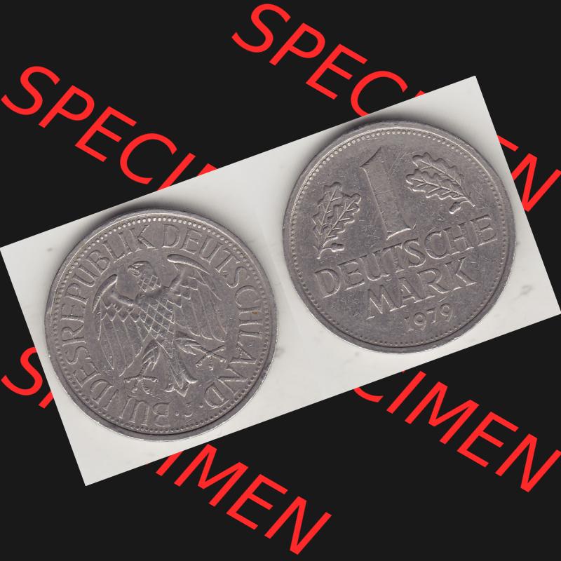 BRD Münzen 1 Deutsche Mark, Umlaufmünze 1950-2001, 1 DM Deutsche Mark, 1979 J-1. Münzen-Rückseite und Münzen-Vorderseite als Vollansicht einer 1 DM,... Sammlung