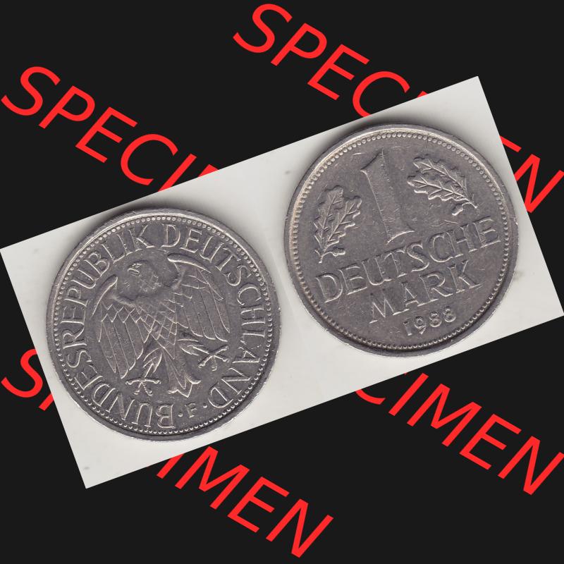 BRD Münzen 1 Deutsche Mark, Umlaufmünze 1950-2001, 1 DM Deutsche Mark, 1988 F-1. Münzen-Rückseite und Münzen-Vorderseite als Vollansicht einer 1 DM,... Sammlung
