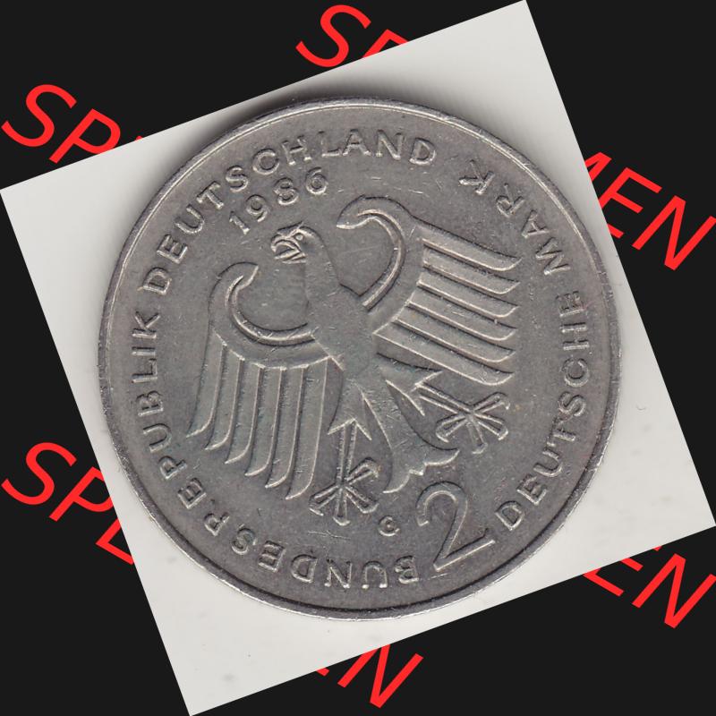 BRD Münzen 2 DM, Gedenkmünze 1969-1987, 2 DM, Deutsche Mark Konrad Adenauer 1986 G-1. Vorderseite einer 2 DM, 2 Deutsche Mark G Gedenkmünze, Mzz.... Sammlung