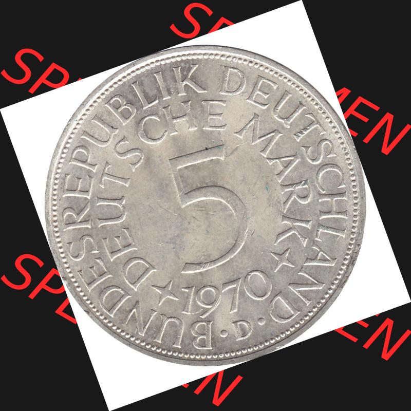 BRD Münzen Silbermünze 1951-1974, 5 DM aus Deutschland, 5 Deutsche Mark Silberadler, Heiermann 1970 Münzzeichen / Mzz. "D" für München-1.... Sammlung