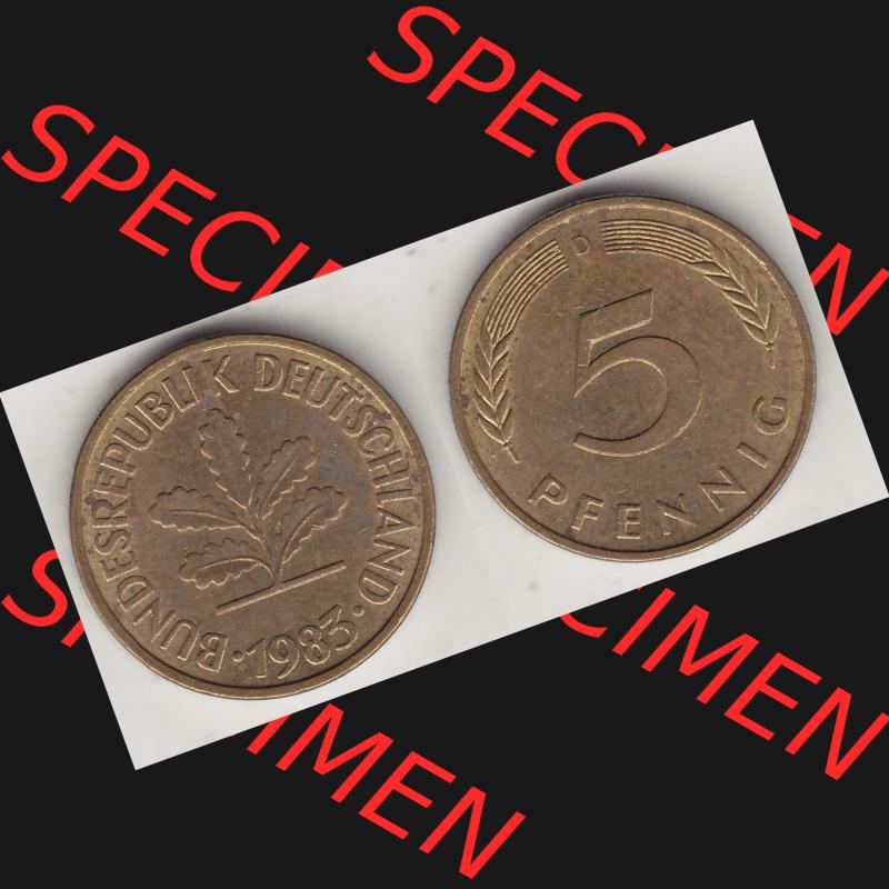 BRD Münzen 5 Pf., Umlaufmünze 1950-2001, 5 Pfennig, 1983 D-1. Vorderseite und Rückseite zusammen auf einen Bild / Foto für Desktop-Computer einer... Sammlung