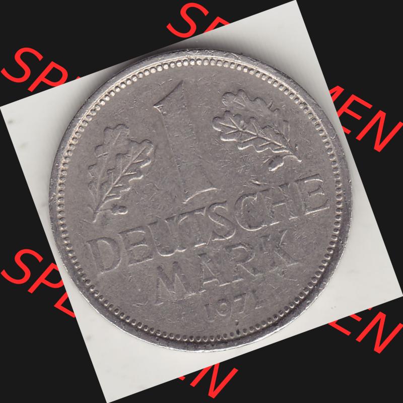 BRD Münzen 1 Deutsche Mark, Umlaufmünze 1950-2001, 1 DM Deutsche Mark, 1971 D-1. Münzen-Rückseite mit Nennwert / Nominalwert / Wert-Zahl einer 1 DM,... Sammlung