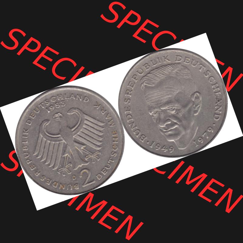 BRD Münzen 2 DM, Gedenkmünze 1979-1993, 2 DM, Deutsche Mark Kurt Schumacher 1983 D-1. Vorderseite und Rückseite mit Wert-Zahl einer 2 DM Kurt Schumacher Gedenkmünze... Sammlung