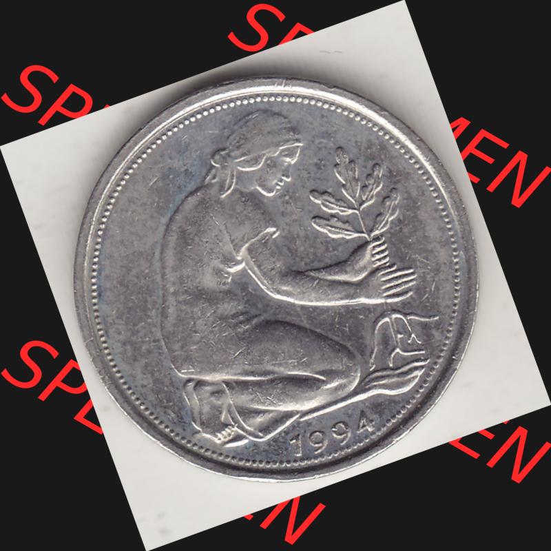 BRD Münzen 50 Pf. Umlaufmünze 1990-2001, 50 Pfennig Deutschland der BRD 1994 A-1. Vorderseite der digitalisierte 50 Pfennig A, mit Mzz. A für Berlin aus... Sammlung