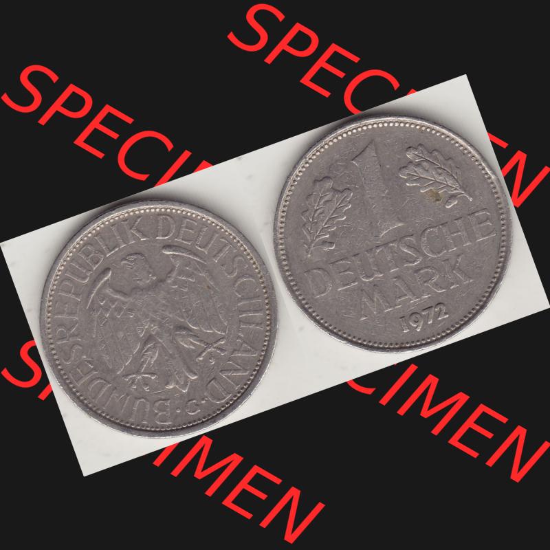 BRD Münzen 1 Deutsche Mark, Umlaufmünze 1950-2001, 1 DM Deutsche Mark, 1972 G-1. Münzen-Rückseite und Münzen-Vorderseite als Vollansicht einer 1 DM,... Sammlung