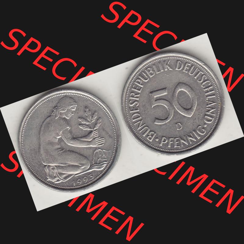 BRD Münzen 50 Pf. Umlaufmünze 1950-2001, 50 Pfennig Münze aus Deutschland 1993 D-1. Vorderseite und Rückseite mit Wert-Zahl auf einen Bild / Foto der digitalisierten... Sammlung