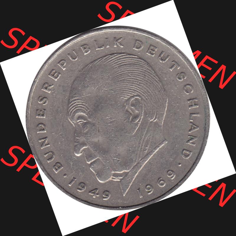 BRD Münzen 2 DM, Gedenkmünze 1969-1987, 2 DM, Deutsche Mark Münze mit Konrad Adenauer aus Deutschland 1973 F-1. Rückseite mit Wert-Zahl von 5 DM einer Deutschen... Sammlung