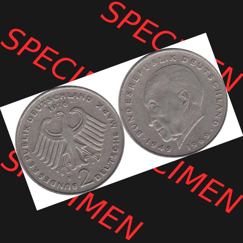 BRD Münzen 2 DM, Gedenkmünze 1969-1987, 2 DM, Deutsche Mark Münze mit Konrad Adenauer aus Deutschland 1976 F-1. Vorderseite und Rückseite mit Wert-Zahl einer... Sammlung