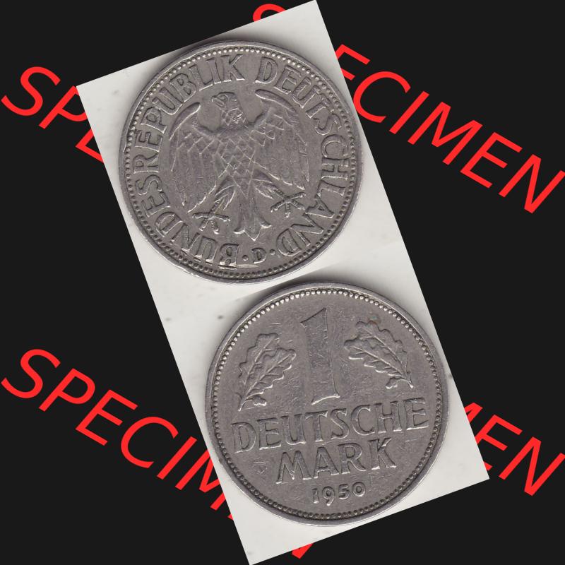 BRD Münzen 1 DM, Umlaufmünze 1950-2001, 1 DM Deutsche Mark, 1950 D-2. Münzen-Rückseite und Münzen-Vorderseite vertikal untereinander als Vollansicht für... Sammlung