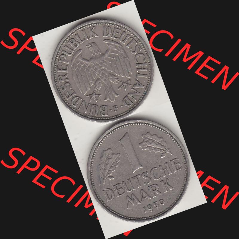 BRD Münzen 1 Deutsche Mark, Umlaufmünze 1950-2001, 1 DM Deutsche Mark, 1950 F-7. Münzen-Rückseite und Münzen-Vorderseite vertikal untereinander als Vollansicht... Sammlung