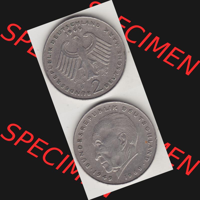 BRD Münzen 2 DM, Gedenkmünze 1969-1987, 2 DM, Deutsche Mark Konrad Adenauer 1969 D-1. Vorderseite und Rückseite einer Münze auf einen Bild / Foto,... Sammlung