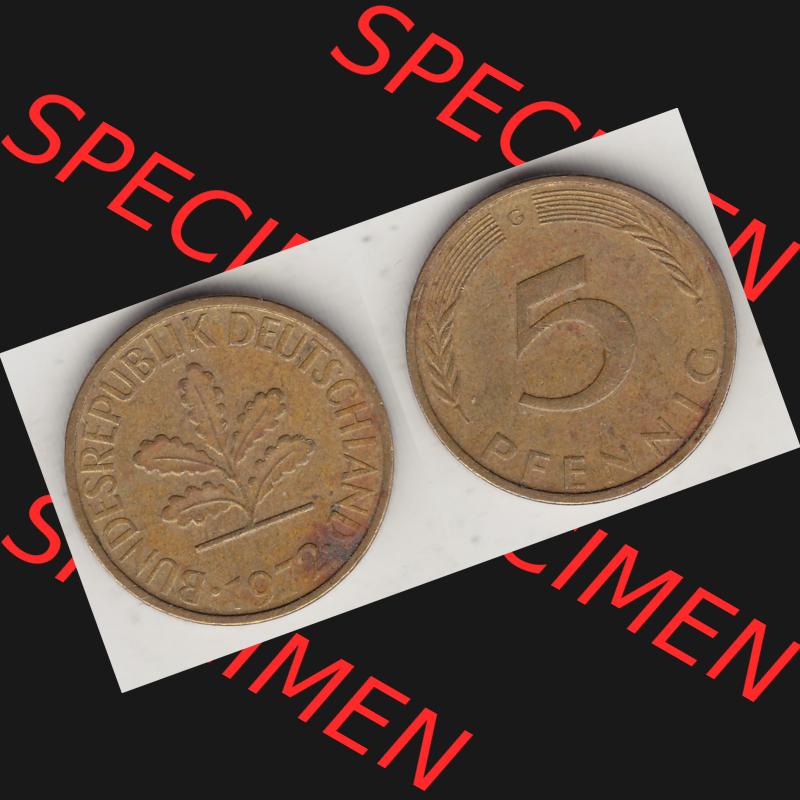 BRD Münzen 5 Pf., Umlaufmünze 1950-2001, 5 Pfennig, 1972 G-1. Vorderseite und Rückseite zusammen auf einen Bild / Foto für Desktop-Computer einer... Sammlung