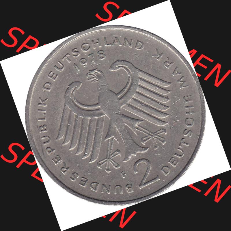 BRD Münzen 2 DM, Gedenkmünze 1969-1987, 2 DM, Deutsche Mark Münze mit Konrad Adenauer aus Deutschland 1978 F-1. Vorderseite einer Deutschen Münze der BRD,... Sammlung