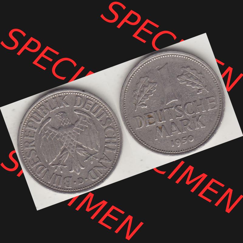 BRD Münzen 1 DM, Umlaufmünze 1950-2001, 1 DM Deutsche Mark, 1950 D-4. Münzen-Rückseite und Münzen-Vorderseite als Vollansicht einer 1 DM, 1 Deutsche... Sammlung