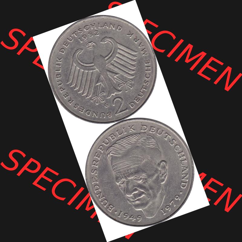 BRD Münzen 2 DM, Gedenkmünze 1979-1993, 2 DM, Deutsche Mark Kurt Schumacher Deutschland 1982 G-1. Vorderseite und Rückseite mit Wert-Zahl eine 2 DM - Zwei Deutsche... Sammlung