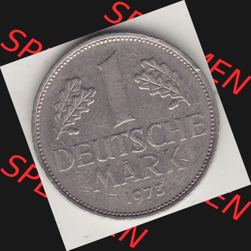 BRD Münzen 1 Deutsche Mark, Umlaufmünze 1950-2001, 1 DM Deutsche Mark, 1973 G-1. Münzen-Rückseite mit Nennwert / Nominalwert / Wert-Zahl einer 1 DM,... Sammlung