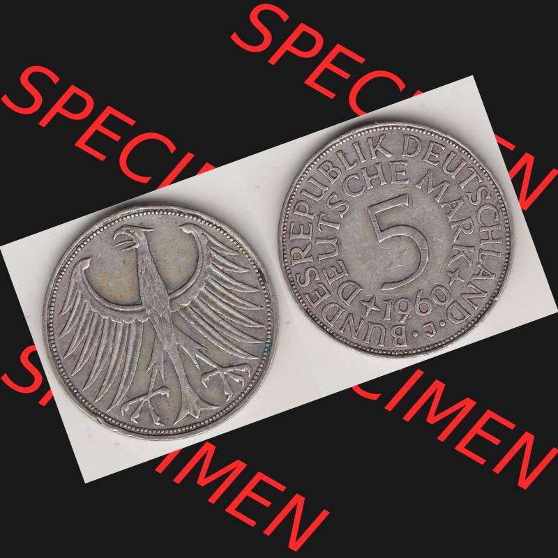 BRD Münzen Silbermünze 1951-1974, 5 DM, 5 Deutsche Mark Silberadler, Heiermann 1960 Münzzeichen / Mzz. "J" für Hamburg - 1. Vorderseite... Sammlung