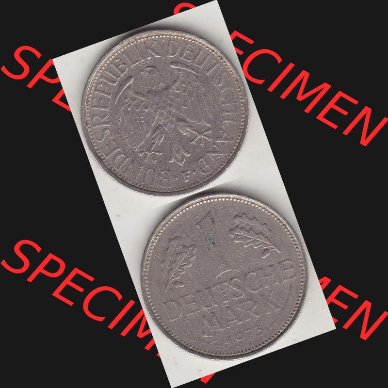 BRD Münzen 1 Deutsche Mark, Umlaufmünze 1950-2001, 1 DM Deutsche Mark, 1973 F-3. Münzen-Rückseite und Münzen-Vorderseite vertikal untereinander als Vollansicht... Sammlung