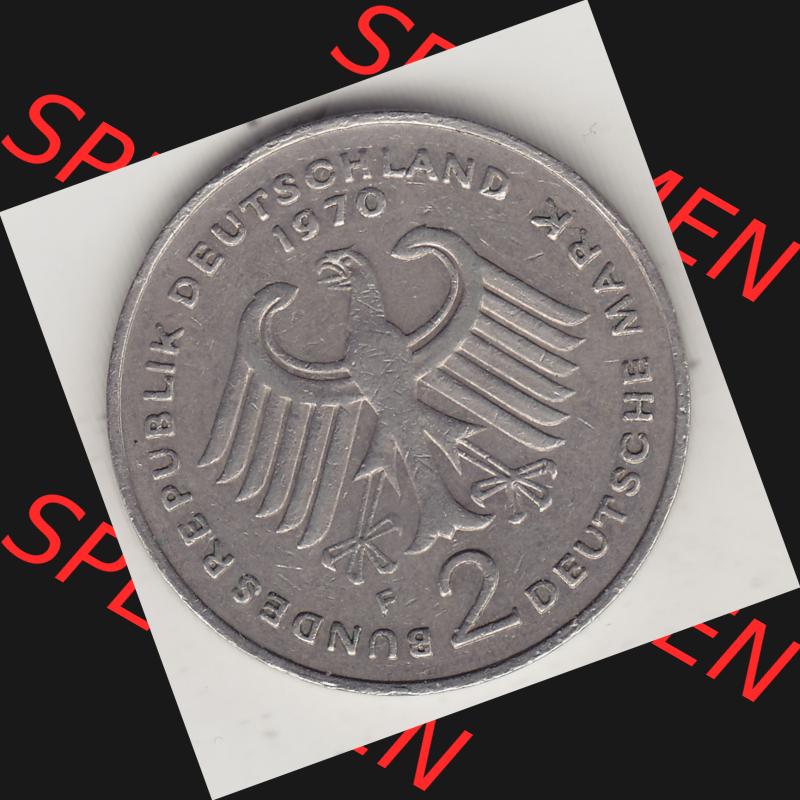 BRD Münzen 2 DM, Gedenkmünze 1969-1987, 2 DM, Deutsche Mark Konrad Adenauer 1970 F-1. Vorderseite einer 2 DM, 2 Deutsche Mark F Gedenkmünze, Mzz.... Sammlung
