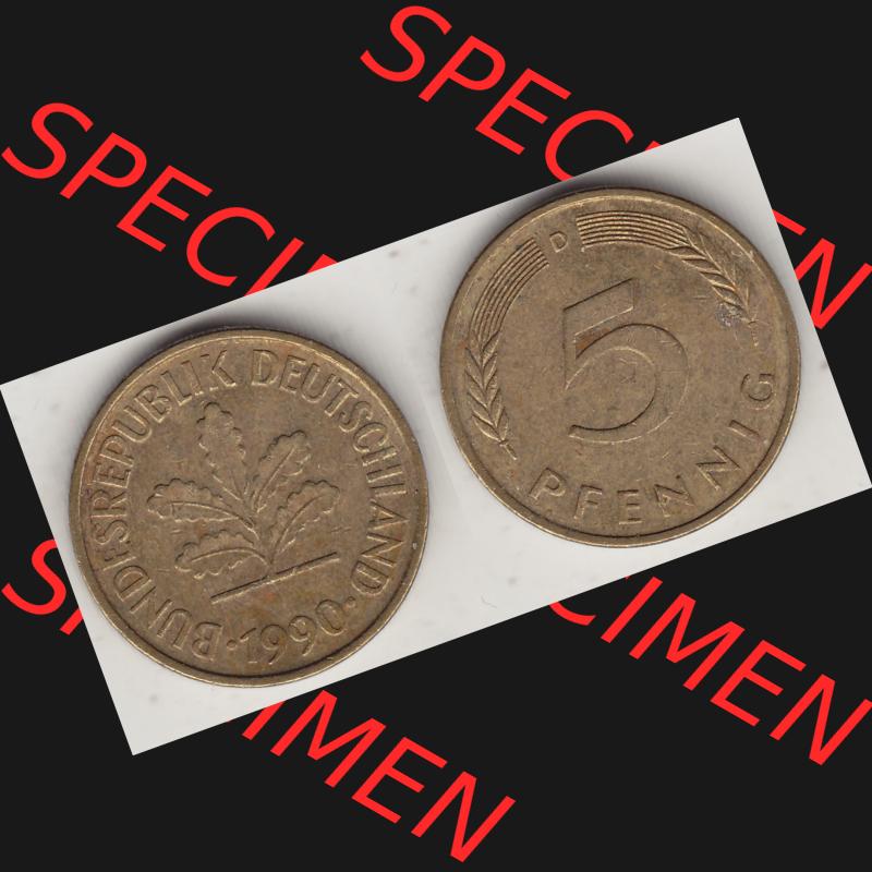 BRD Münzen 5 Pf., Umlaufmünze 1950-2001, 5 Pfennig, 1990 D-1. Vorderseite und Rückseite zusammen auf einen Bild / Foto für Desktop-Computer einer... Sammlung