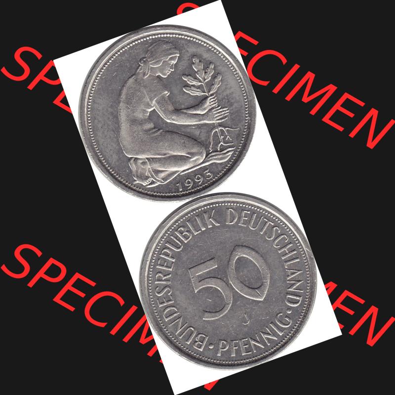 BRD Münzen 50 Pf. Umlaufmünze 1950-2001, 50 Pfennig BRD Deutschland 1993 Mzz. Hamburg J-1. Vorderseite und Rückseite auf einen Bild / Foto vertikal untereinander... Sammlung