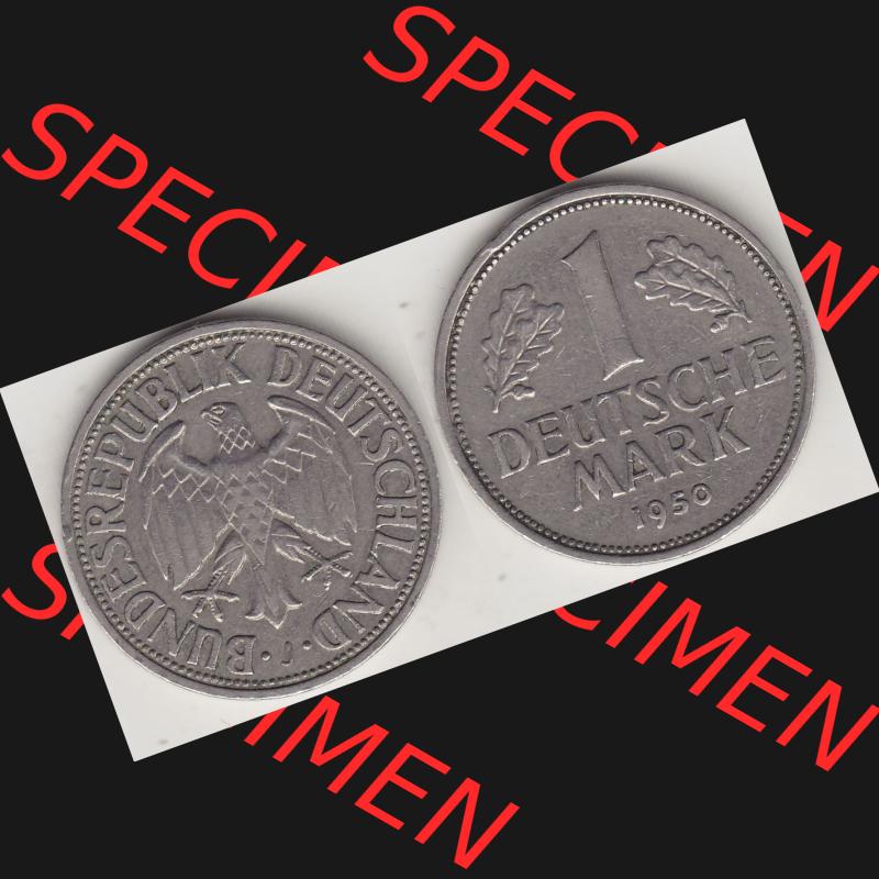 BRD Münzen 1 Deutsche Mark, Umlaufmünze 1950-2001, 1 DM Deutsche Mark, 1950 J-4. Münzen-Rückseite und Münzen-Vorderseite als Vollansicht einer 1 DM,... Sammlung