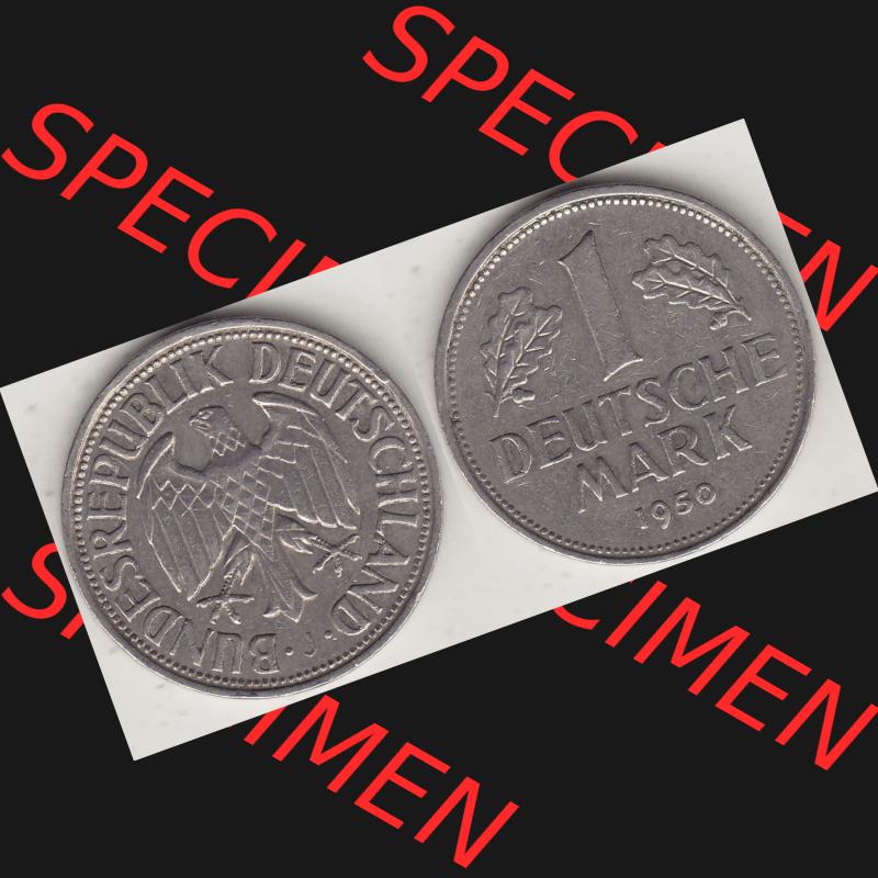 BRD Münzen 1 DM, Umlaufmünze 1950-2001, 1 DM Deutsche Mark, 1950 J-2. Münzen-Rückseite und Münzen-Vorderseite als Vollansicht einer 1 DM, 1 Deutsche... Sammlung